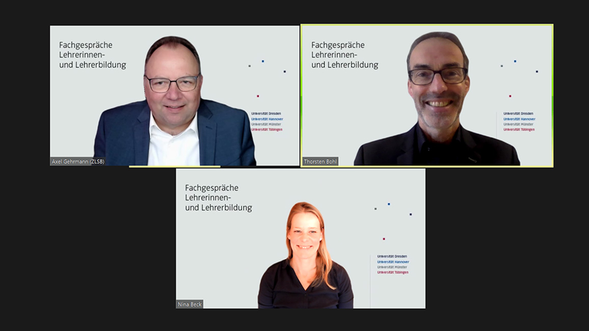 Dreigeteilter Bildschirm einer Videokonferenz mit drei Personen: Axel Gehrmann, Thorsten Bohl und Nina Beck