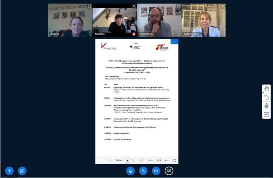 Screenshot der virtuellen Veranstaltung mit vier Mitwirkenden und der Startfolie