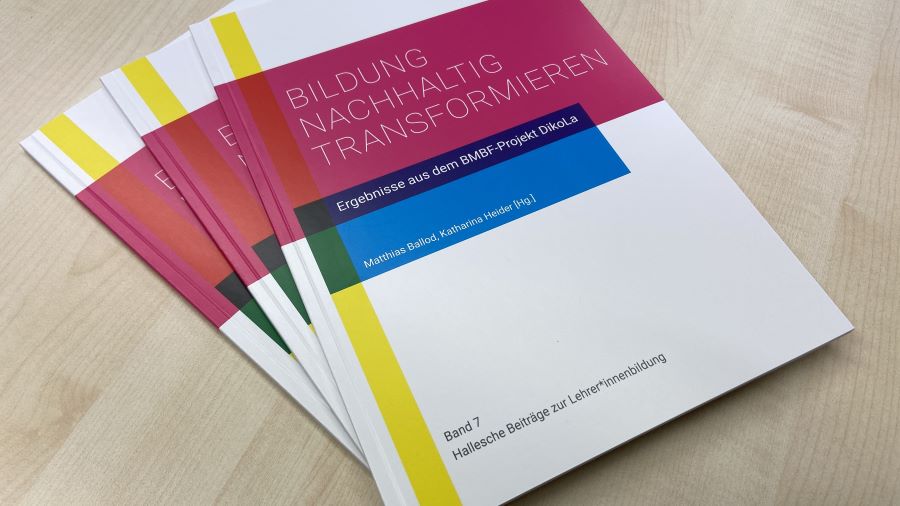 Drei Printausgaben der Publikation liegen gefächert auf einem Tisch in Holzoptik.